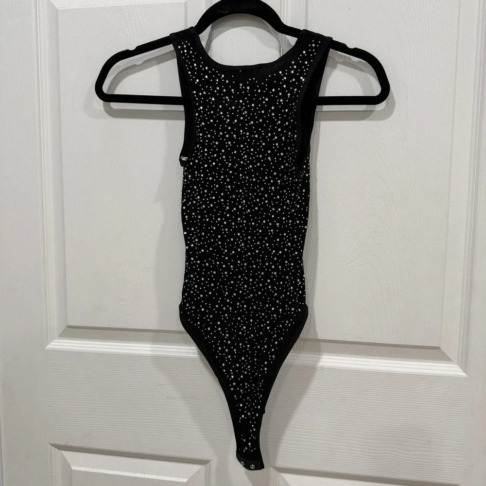 Intimately Free People Black‎ Rhinestone Studded Sleeveless Thong Bodysuit M/L
